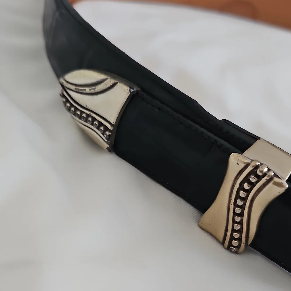 Onyx Black Leather Belt with Gold-Tone Western Buckles